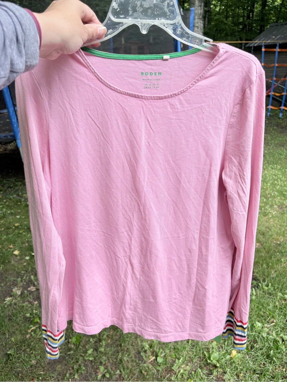 Boden Pink Crew Tee rainbow sleeves